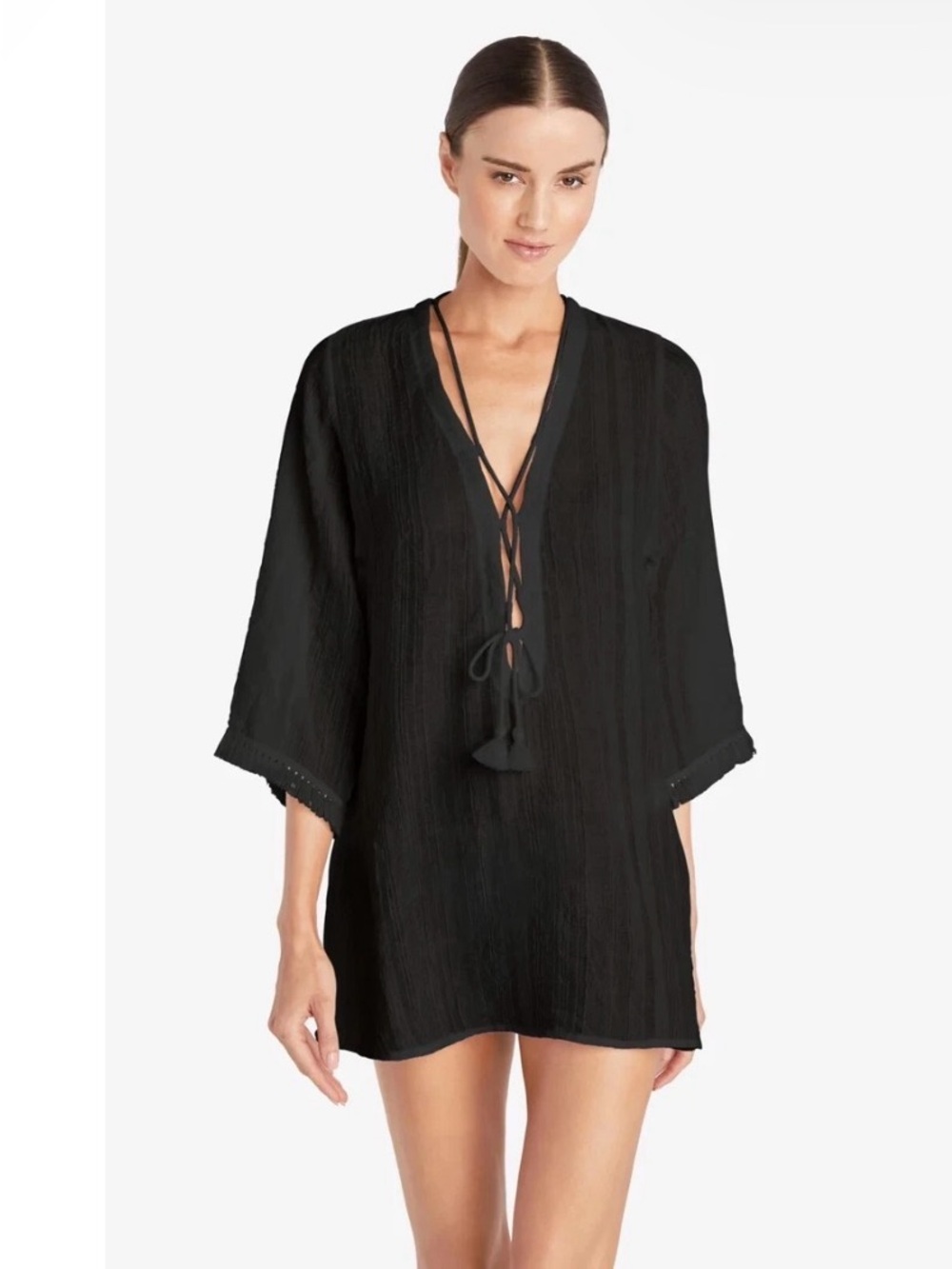 Robin Piccone Black Lace-Up V-Neck Swim Coverup